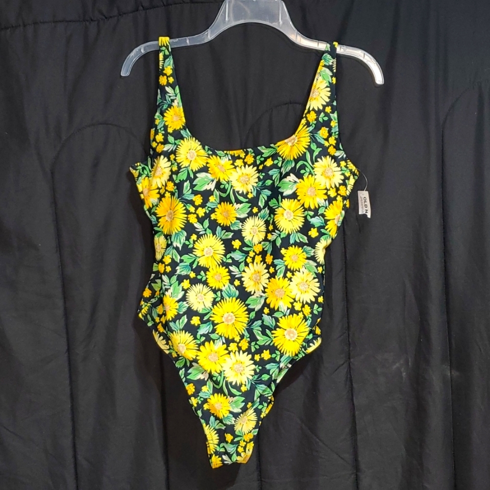 L Old Navy One Piece Swimsuit NWT Bright Yellow Floral Print Flowers Black
